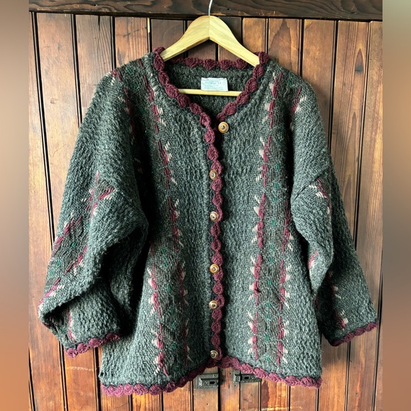 Handmade in Ecuador Sweaters - Vintage Ecuador Handmade 100% Wool Oversized Cardigan Sweater, Grey, SISANDINA